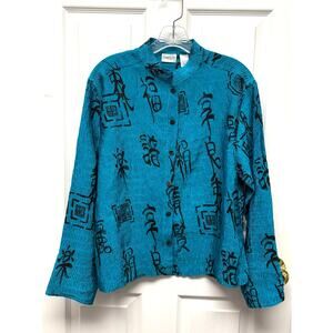 Chico’s Size 8 10Teal Textured Blouse Asian Print Button Front Lightweight Top